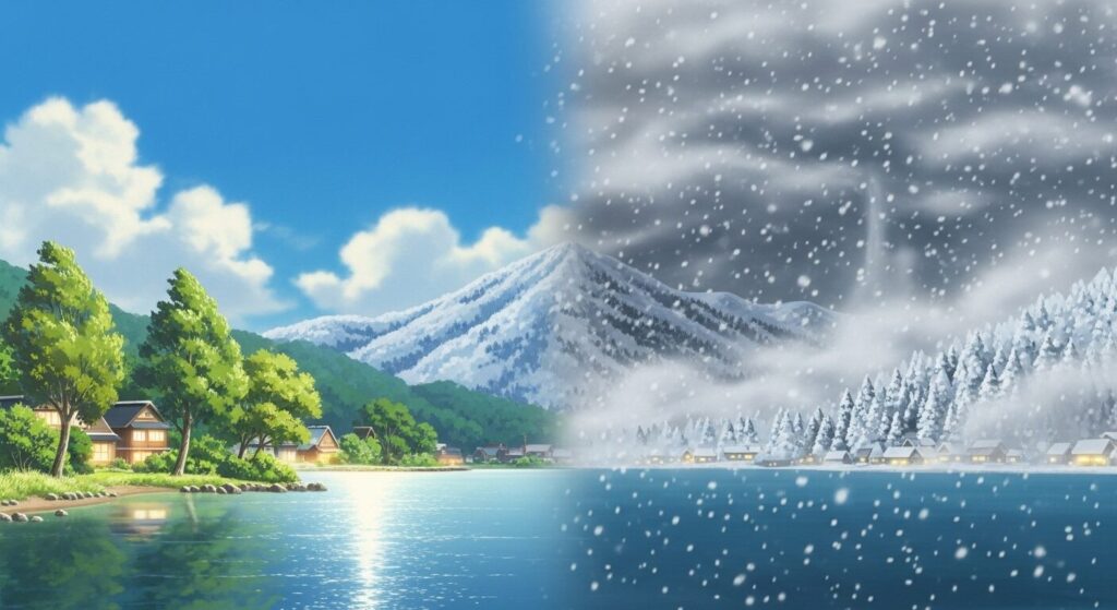 大津は晴れてるのに、彦根は雪